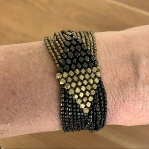 Black and gold metal beaded cuff bracelet